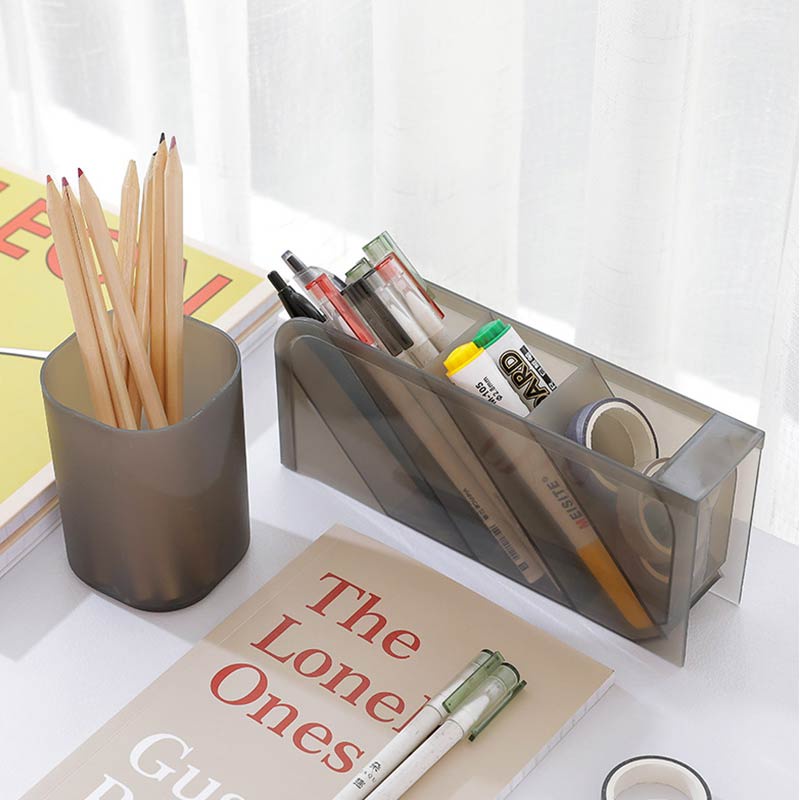 Storage Case Box Pen Plastic Holder School Clear Desktop Multi-function Pencil Organizer Grey 4 Grid