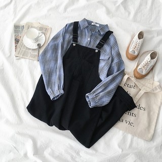 Order 10 ngày_quần yếm khaki, áo sơ mi ulzzang H3901