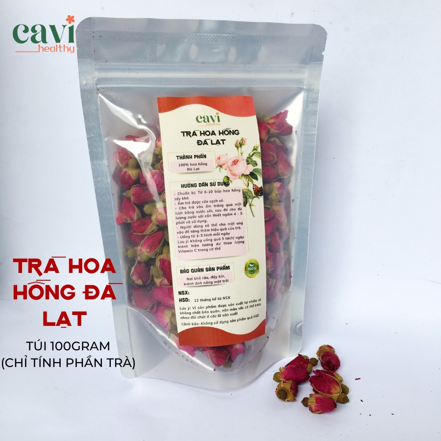 Trà Hoa Hồng Đà Lạt sấy lạnh nguyên bông 100gr Cavi Healthy Đẹp Da, Giảm Stress, Thải Độc
