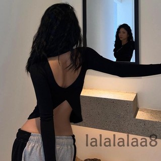 Laa8-áo ôm dài tay dành cho nữ, Áo thun hở lưng cổ tròn màu trơn cho mùa xuân hè