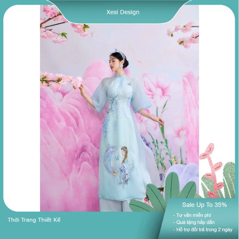 Áo Dài Thiếu Nữ Bán Nguyệt, Màu Xanh Pastel, Tay Lỡ In 5D Sắc Nét, Đính Đá Cao Cấp, Áo Dài Dự Tiệc 4 Tà