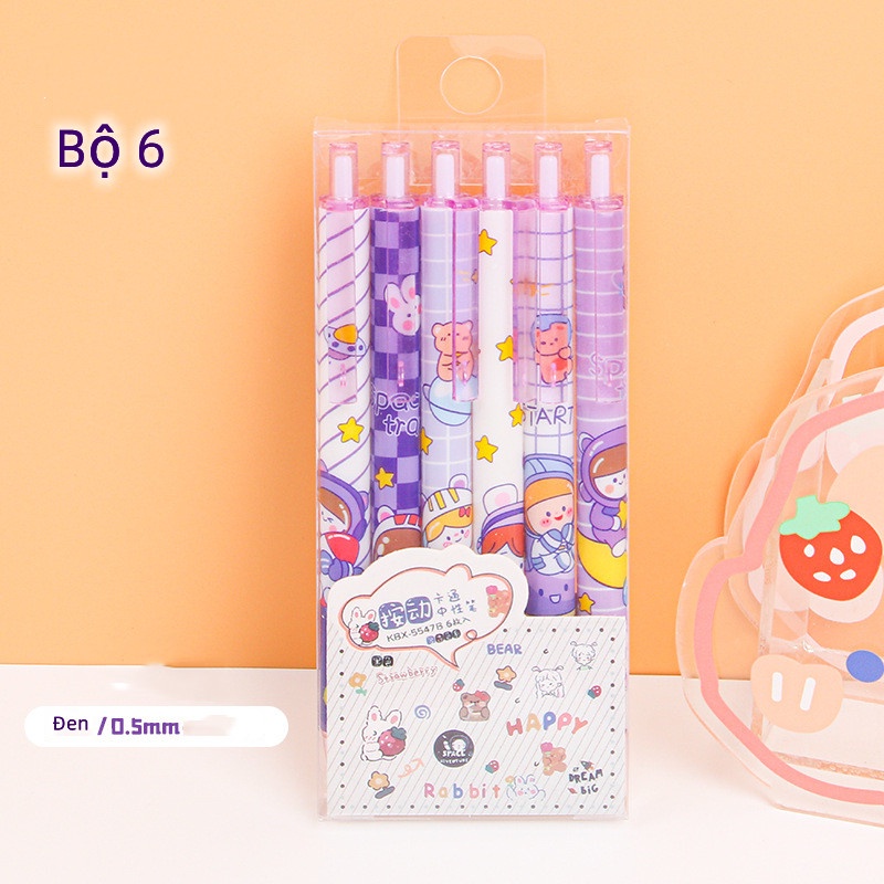 Set 6 Bút Mực Nước Ngòi 0.5Mm In Họa Tiết Hoạt Hình Dễ Thương