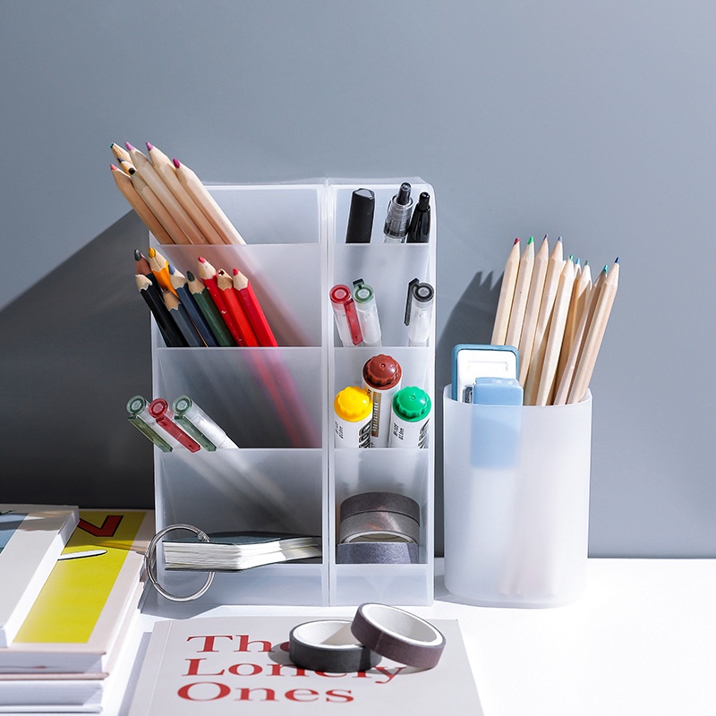 Storage Case Box Pen Plastic Holder School Clear Desktop Multi-function Pencil Organizer Grey 4 Grid
