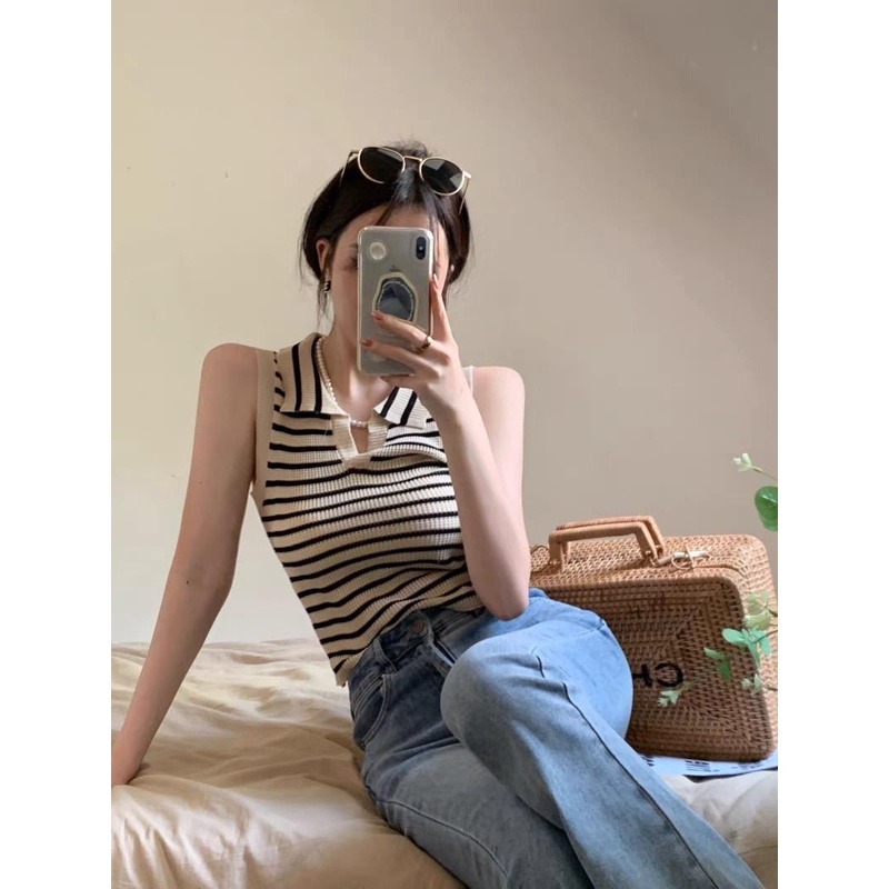 Áo sát nách cổ bẻ kẻ ngang mongtoghi MS863