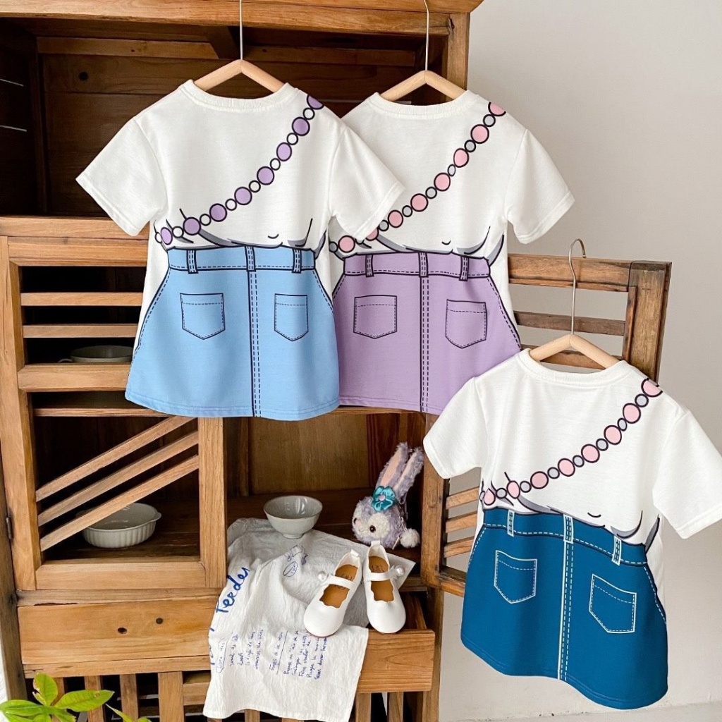 Set Áo Thun + Chân Váy Denim Họa Tiết Hoạt Hình Phong Cách Phương Tây Thời Trang Mùa Hè Cho Bé Gái