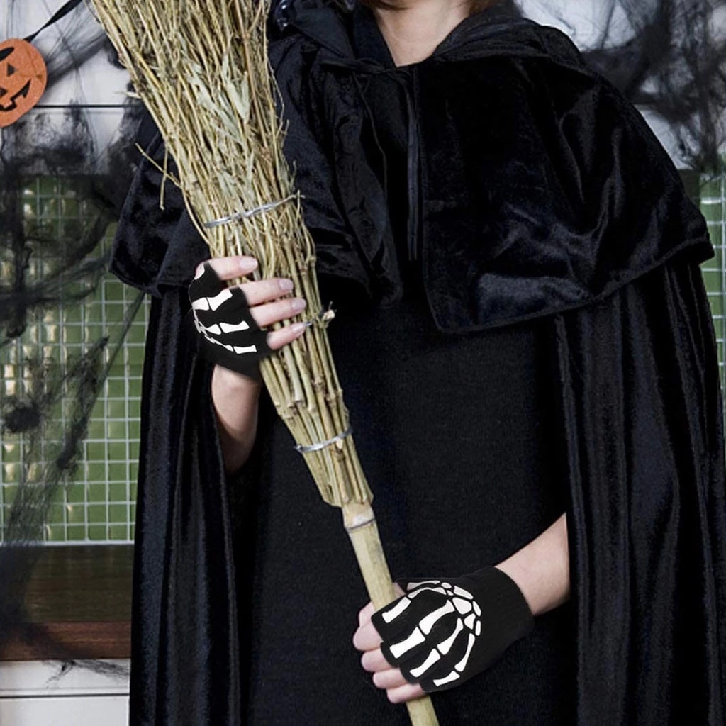 [Bán Chạy] Găng Tay Dệt Kim Hở Ngón Giữ Ấm / Đạo Cụ Hóa Trang Ngày Halloween Hình Đầu Lâu Dạ Quang Cho Nam Và Nữ