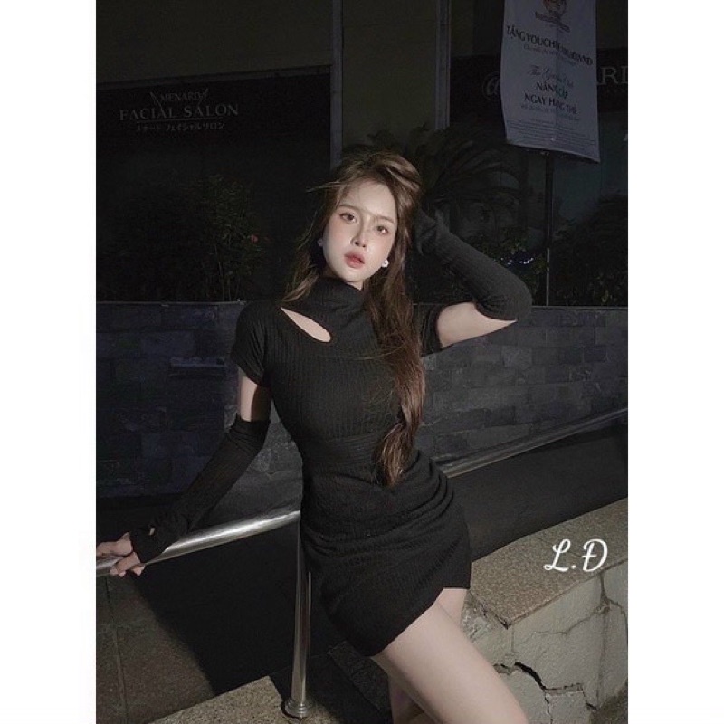 Đầm Body nữ hở khoét vai cổ lọ tay ngắn cá tính
