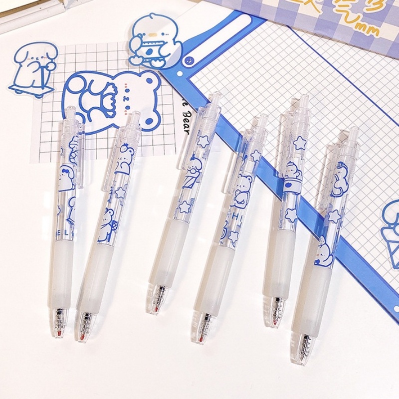 Set 6 Bút Mực Gel Ngòi 0.5mm Trong Suốt In Hình Gấu Dễ Thương
