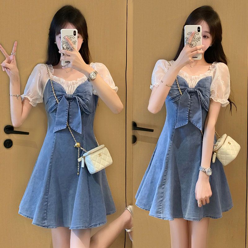 Đầm Denim Tay Phồng Ôm Eo Thời Trang Mùa Hè 2023 Mới Cho Nữ