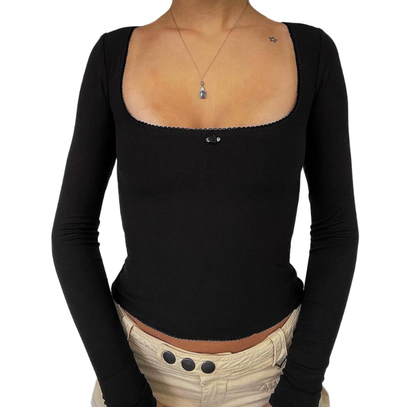 Áo Crop Top Tay Dài Cổ Vuông Phối Ren Hoa Màu Trơn Phong Cách Vintage Dễ Thương