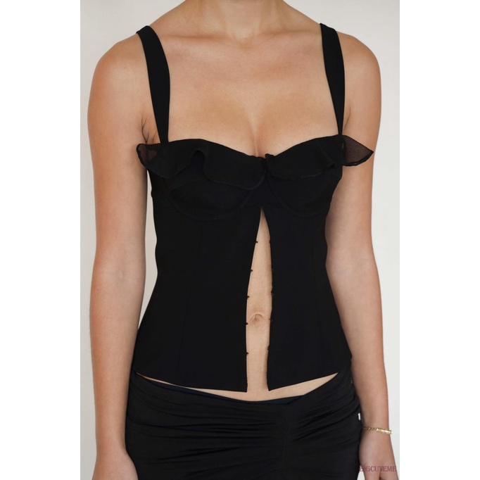 [] Áo Tank Top Không Tay Cổ Vuông Màu Trơn Ôm Dáng Móc Và Mắt Cho Nữ