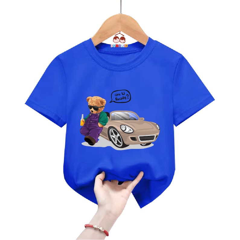 Áo thun trẻ em be trai bé gái hình gấu XE ORE READY ghita bé từ 6kg đen 30kg.G12.