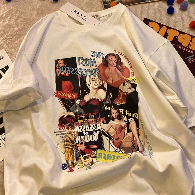 Áo Thun Cotton Ngắn Tay Dáng Rộng Thời Trang Mùa Hè Phong Cách Retro Mỹ