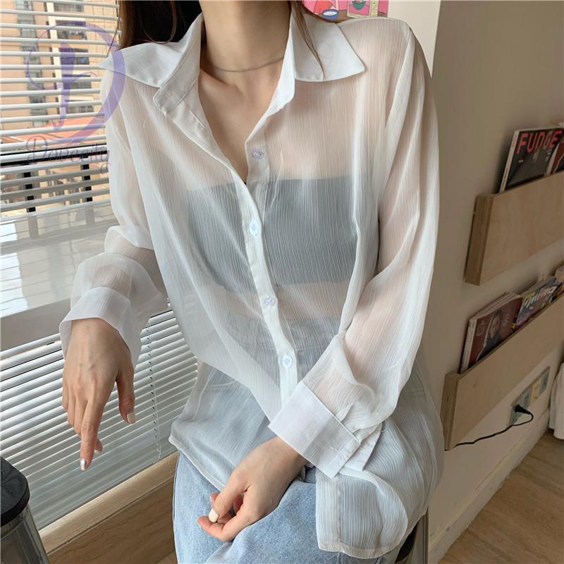 Áo Sơ Mi Voan Mỏng Tay Dài Xuyên Thấu Màu Đen Trơn Cỡ Lớn Thoáng Khí Thời Trang Công Sở Cho Nữ