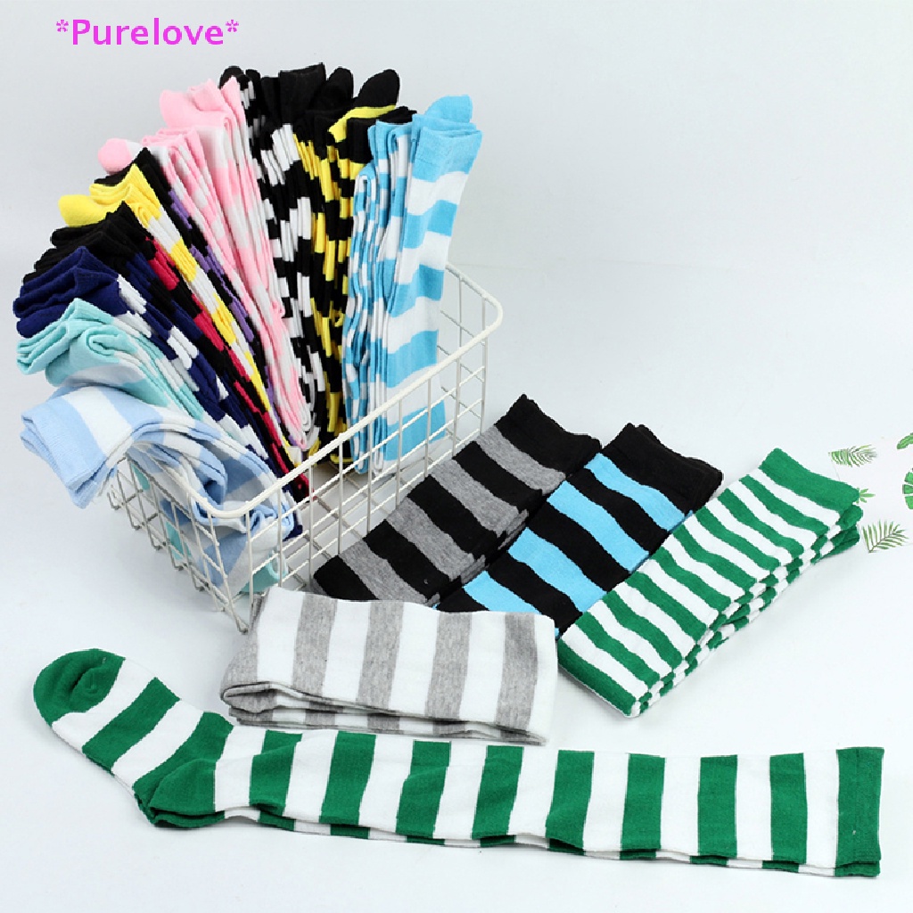 1 Đôi Tất Cotton Dài Qua Gối Họa Tiết Kẻ Sọc Dễ Thương Cho Nữ Mới