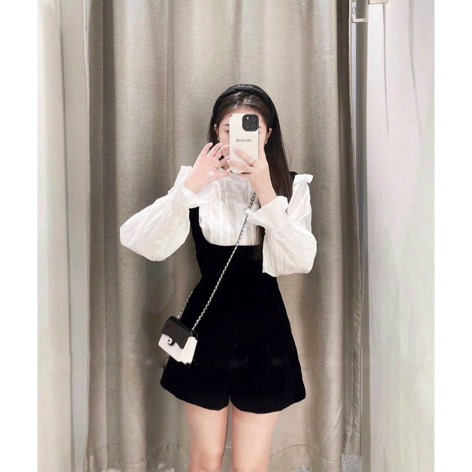 Đầm tiểu thư đi chơi, đầm yếm lót áo form rộng cổ tròn tay dài chất đầm nhung cứng xinh xắn