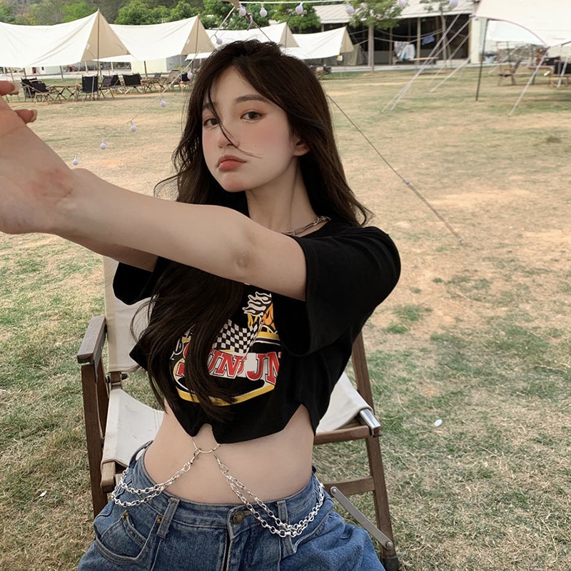 IELGYÁo Croptop In Họa Tiết Phong Cách retro Dễ Phối Đồ Cho Nữ