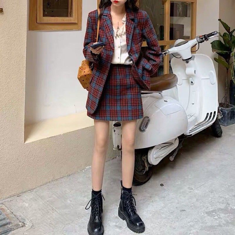 Set Vest caro sọc đỏ gồm áo khoác và váy CÓ HÌNH THẬT style Hàn Quốc - Có ảnh thật