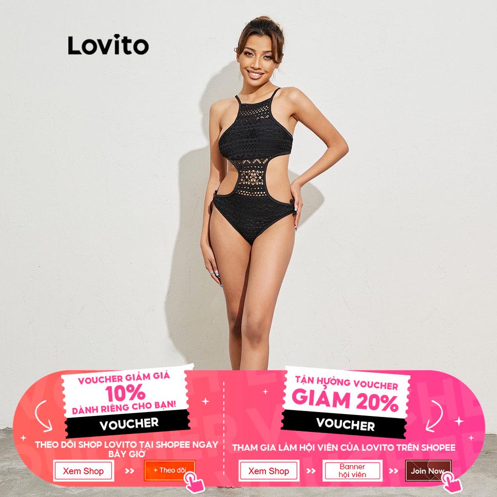 Bikini một mảnh Lovito cổ yếm phối ren màu tương phản miếng lót ngực có thể tháo rời sexy  L16X220 (Màu đen)