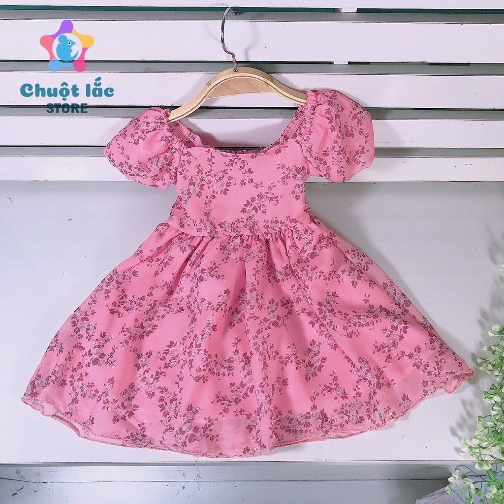 Váy bé gái voan lụa hoa nhí tay phồng nơ sau 10kg đến 22kg