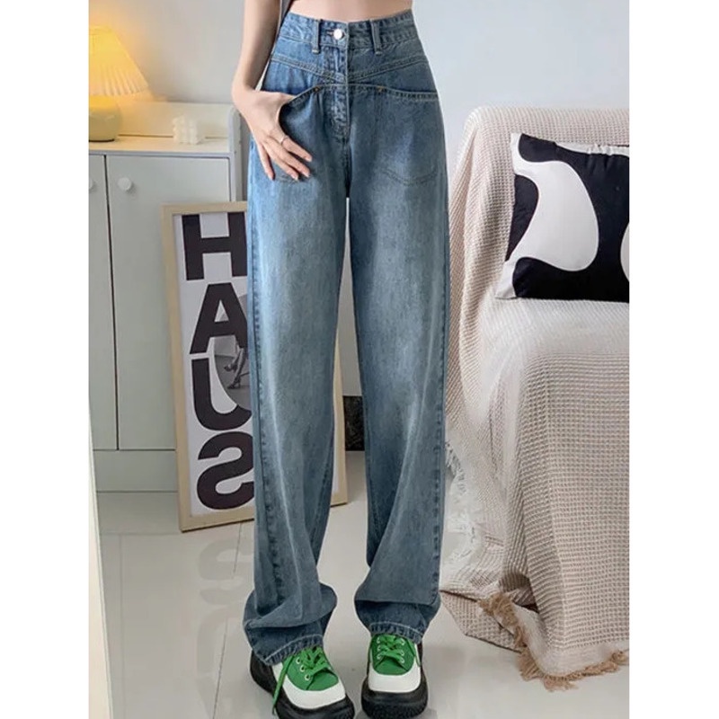 Quần Denim Lưng Cao Ống Rộng Phong Cách Hàn Quốc Độc Đáo