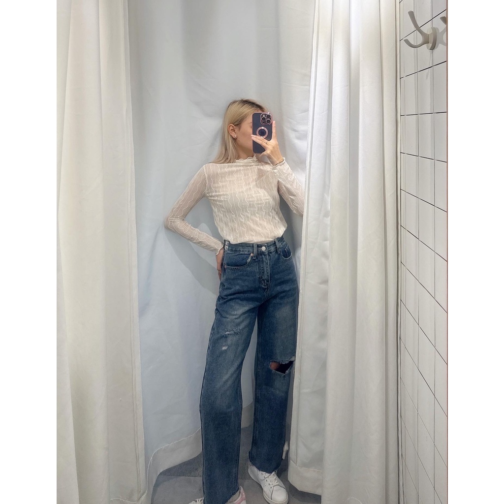 Quần jean ống suông rách gối lai thô - Q829