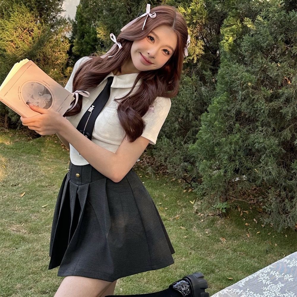 Set Áo Thun Ngắn Tay + Chân Váy Chữ a Lưng Cao Màu Đen Thời Trang Xuân 2023 Cho Nữ103250