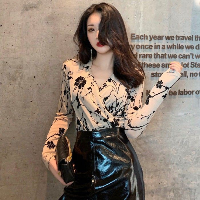 (ORDER) Áo sơ mi nữ thun lưới họa tiết hoa lá cổ V gợi cảm style cá tính sang chảnh - Có ảnh thật
