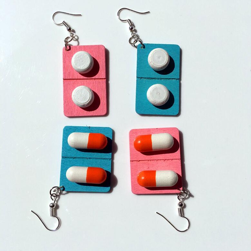 Bông Tai Hình Viên Thuốc Bằng Gỗ Sáng Tạo Dễ Thương Thời Trang