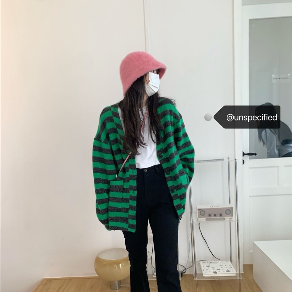 Áo Khoác Cardigan Dệt Kim Dáng Rộng Họa Tiết Kẻ Sọc Phong Cách Hàn Quốc Cổ Điển Thời Trang Mới 2022