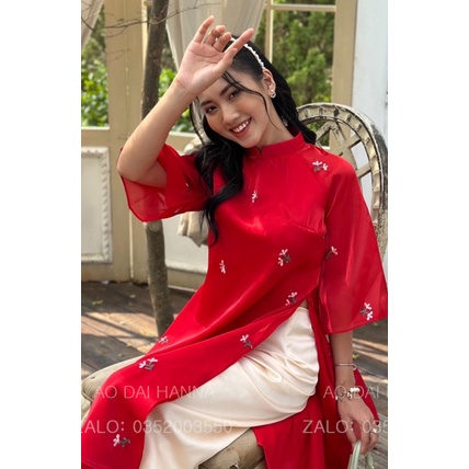 Áo dài cách tân dáng suông Hanna thêu hoa cao cấp mẫu mới nhất 2023, tay loe cánh tiên mặc đám cưới hỏi lễ tết sự kiện