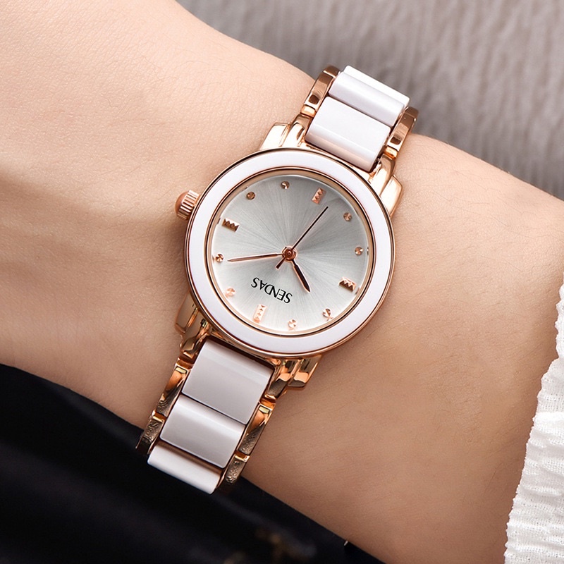 ĐỒNG HỒ NỮ CHÍNH HÃNG SENDAS - DÂY SỨ + KIM LOẠI. Chống nước - vòng tay độc đáo sáng tạo.