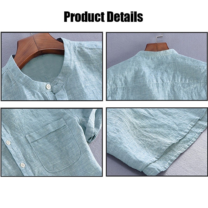 Áo Sơ Mi Vải Lanh Tay Ngắn Cổ Chữ V Dáng Rộng Màu Trơn Đính Nút Thoáng Khí Phối Túi Plus Size Màu Mơ / Xanh Dương Nhạt / Xanh Lá Quân Đội / Đen Cho Nam