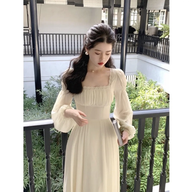 Order | Đầm tiểu thư cổ vuông dài tay dịu dàng