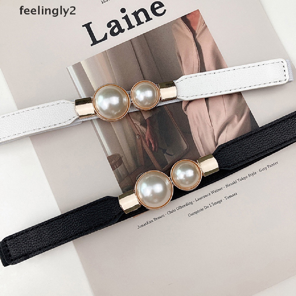 Thắt Lưng Da PU Màu Trắng / Đen Đính Hạt Ngọc Trai Thời Trang Cho Nữ