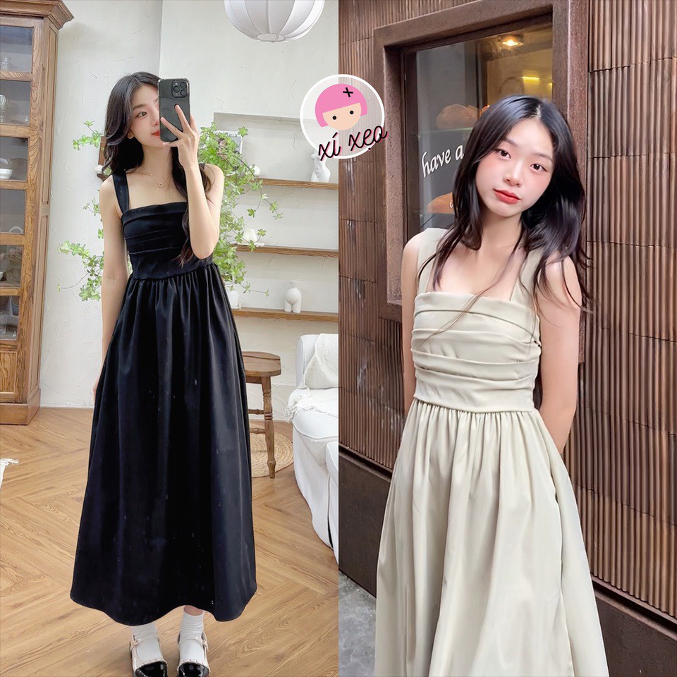 Váy 2 dây dáng dài chun lưng phong cách Hàn Quốc,Xếp Ly Ngực Triết Eo Dáng Xòe 4 Màu | BigBuy360 - bigbuy360.vn