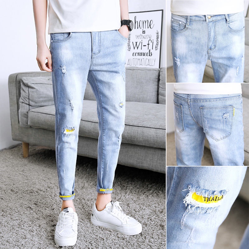 Quần Jeans Dài Phối Vết Rách Cá Tính Thời Trang Hàn Quốc Cho Nam