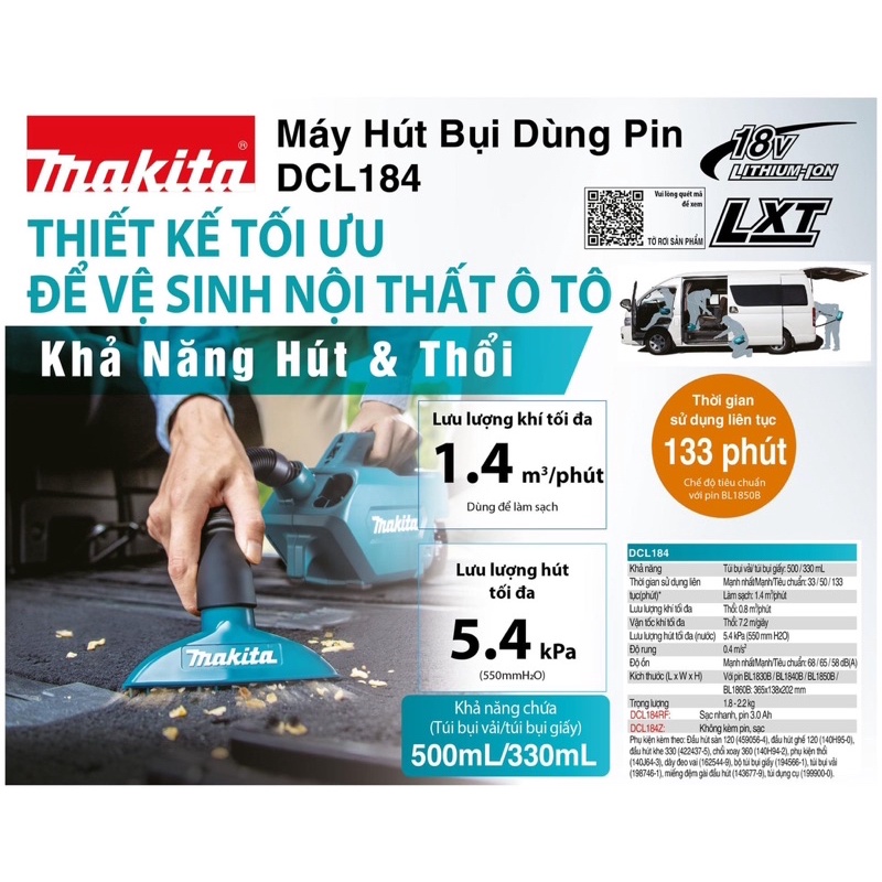Máy Hút Bụi Dùng Pin MAKITA 18V DCL184Z  - Chính Hãng