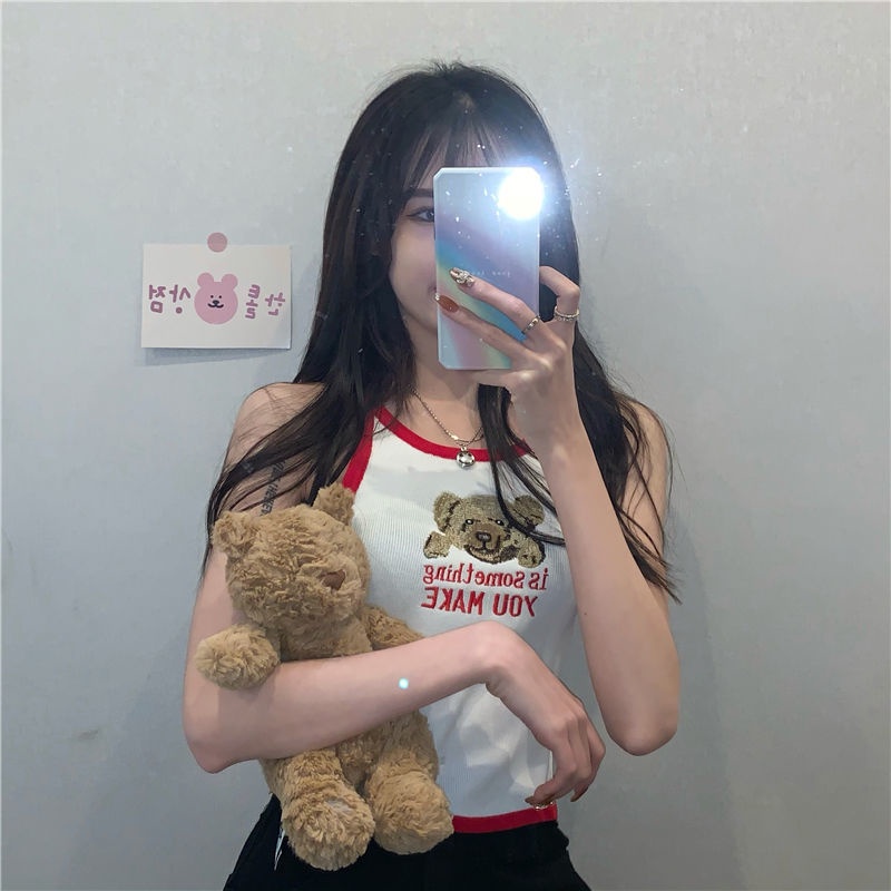 COZOKC COZOK Áo Sát Nách Ngắn In Hình Gấu Thời Trang Hàn Quốc