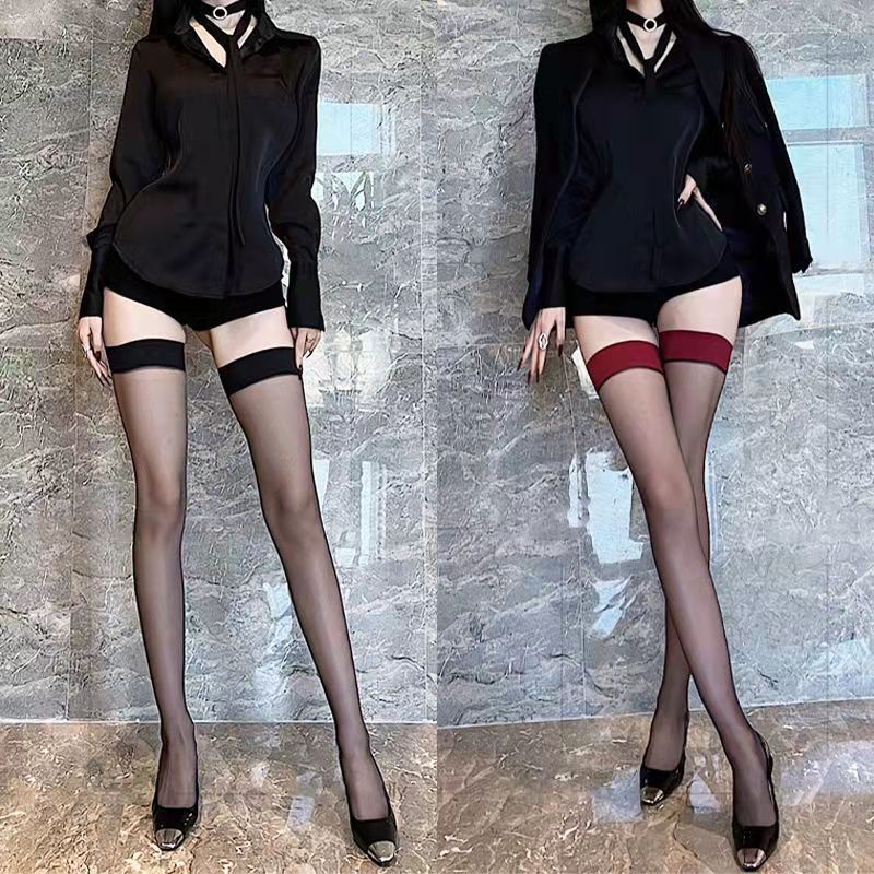 Vớ Lưới Lụa Mỏng Dài Qua Gối Viền Đỏ Đen Chống Trượt Gợi Cảm