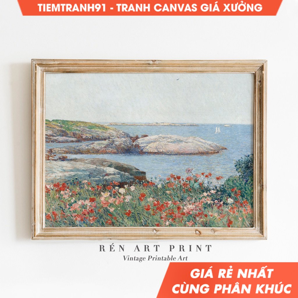 Tranh treo tường, Spring Landscape Painting Wall Art Spring on the Sea Coast Vintage Oil Painting Coastal Wall Art.