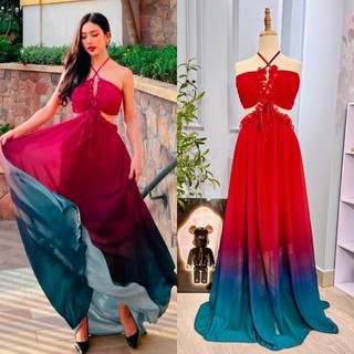 Đầm maxi voan đỏ 2 dây cổ yếm thắt nơ hở nhún lưng khoét eo, váy dài sang trọng quý phái đi chơi biển du lịch chụp hình