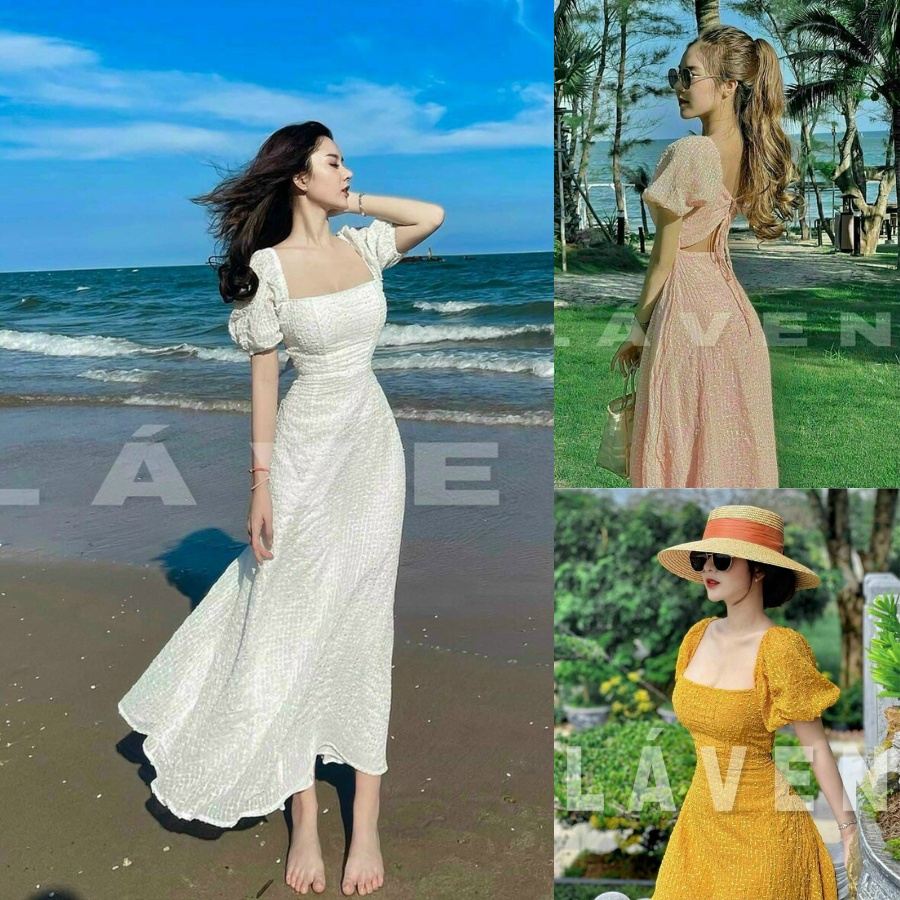 Đầm Dự tiệc Đi Biển,Maxi Dáng Dài Thiết Kế Tay Bồng cổ Vuông Khoe eo Tôn dáng body Duyên Dáng Sang Chảnh Thời trang MJP