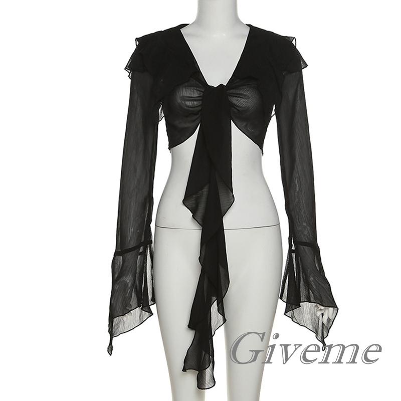 Áo Crop Top Lưới Tay Dài Màu Trơn Nhìn Xuyên Thấu Trang Trí Mùa Xuân Cho Nữ