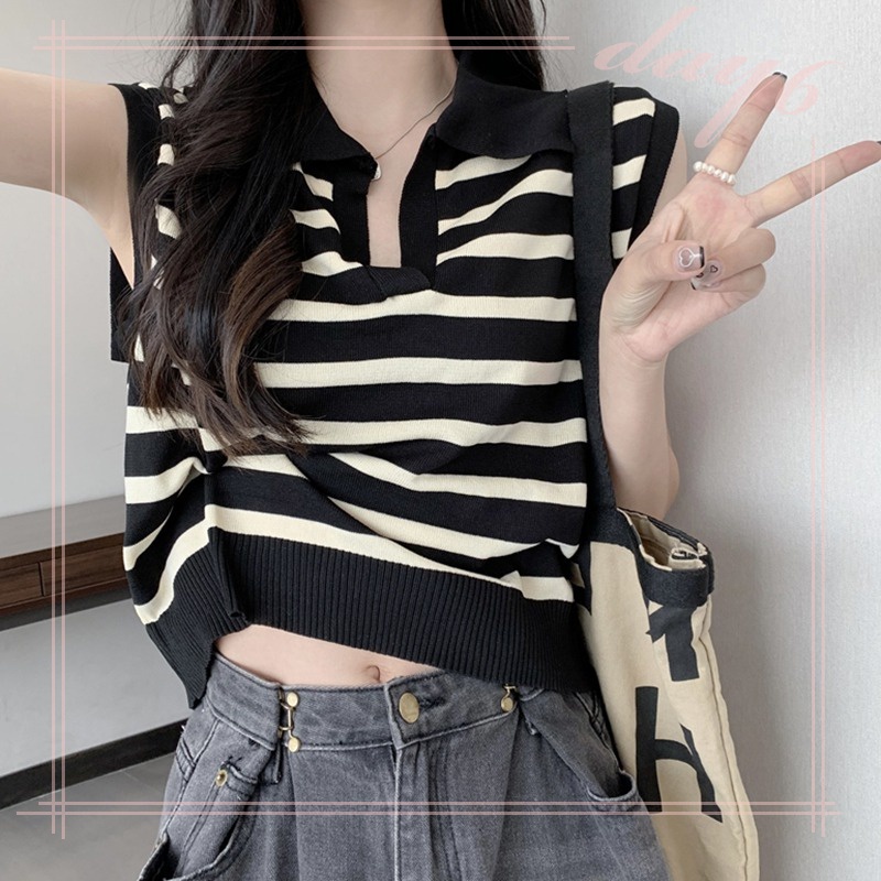 1 Áo Croptop Dệt Kim Sát Nách Họa Tiết Kẻ Sọc Thời Trang Hàn Quốc Cho Nữ