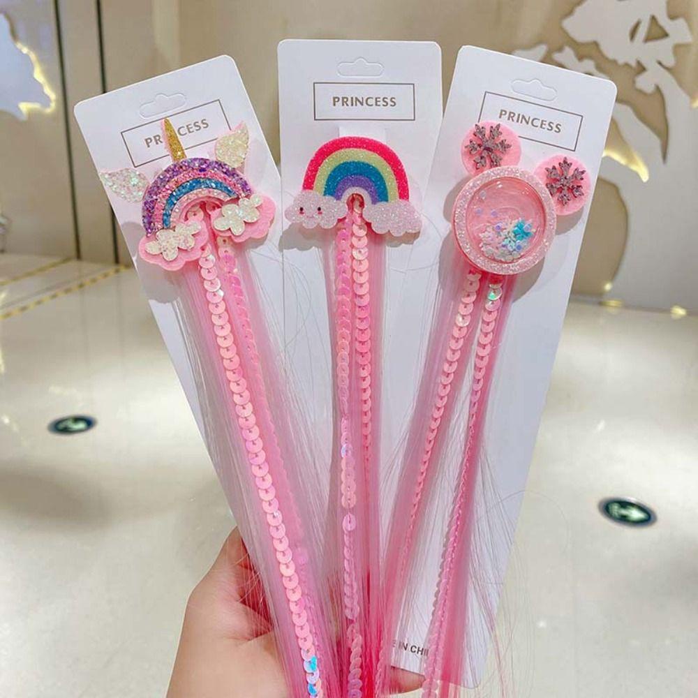 Tóc Giả Dài Thẳng Tự Nhiên Màu Cầu Vồng Đính Sequin Lấp Lánh Dễ Thương Cho Bé Gái