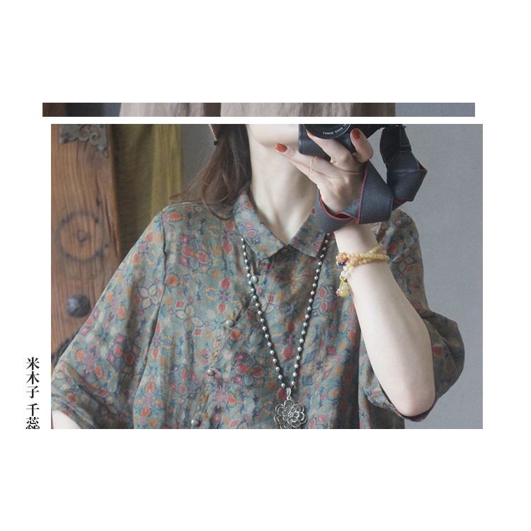 ICE Cotton Linen Printing Chinese Knot Button Shirt Niche Top Western Style Youthful-Looking Female Retro and Hipster Style