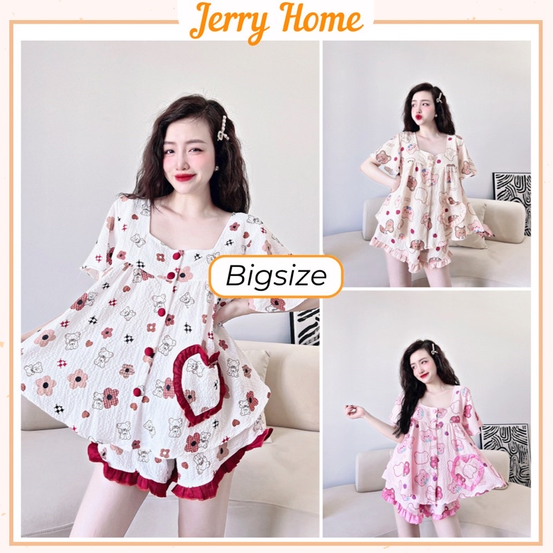 Đồ Bộ Bigsize 60-80kg - Đồ Ngủ Cộc Đùi Cổ Tròn Phối Tiểu Thư Chất Liệu Đũi Xốp Mềm Jerry Home