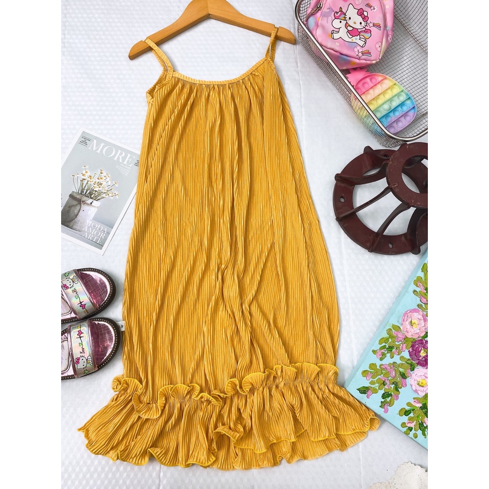 Váy 2 dây dập ly đi biển đi chơi cho bé gái size đại 20-38kg, đầm maxi xuông xếp ly, váy maxi đi biển cho bé gái