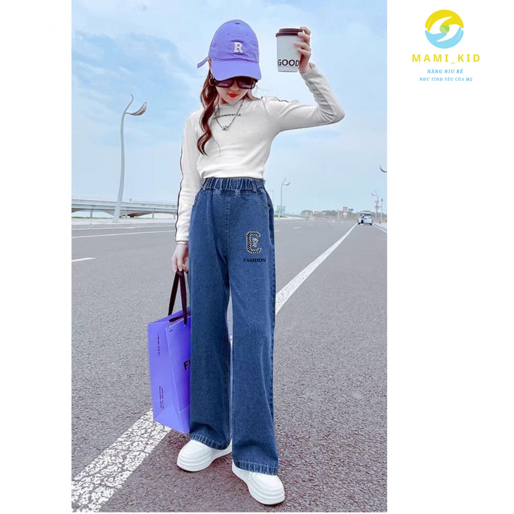 Quần Jean Bé Gái Dáng Xuông Ống Rộng Phong Cách Hàn Quốc, Dáng đẹp, Chất mềm, Dày Dặn, Co Giãn tốt shop Mamikid